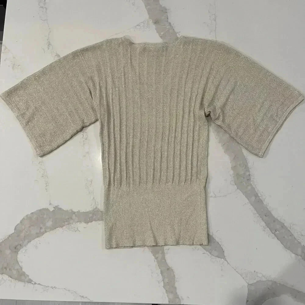 Cable & Gauge Silk Gold Sparkle Ribbed VNeck y2k Sweater Womens Medium Christmas - Picture 6 of 6